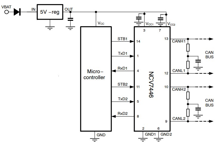 Application Circuit Diagram - onsemi NCV7446 Dual CAN FD Transceiver